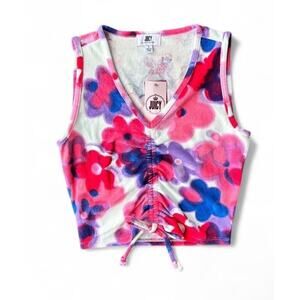 NWT Juicy Couture cropped pink purple floral print ruched tie top size S